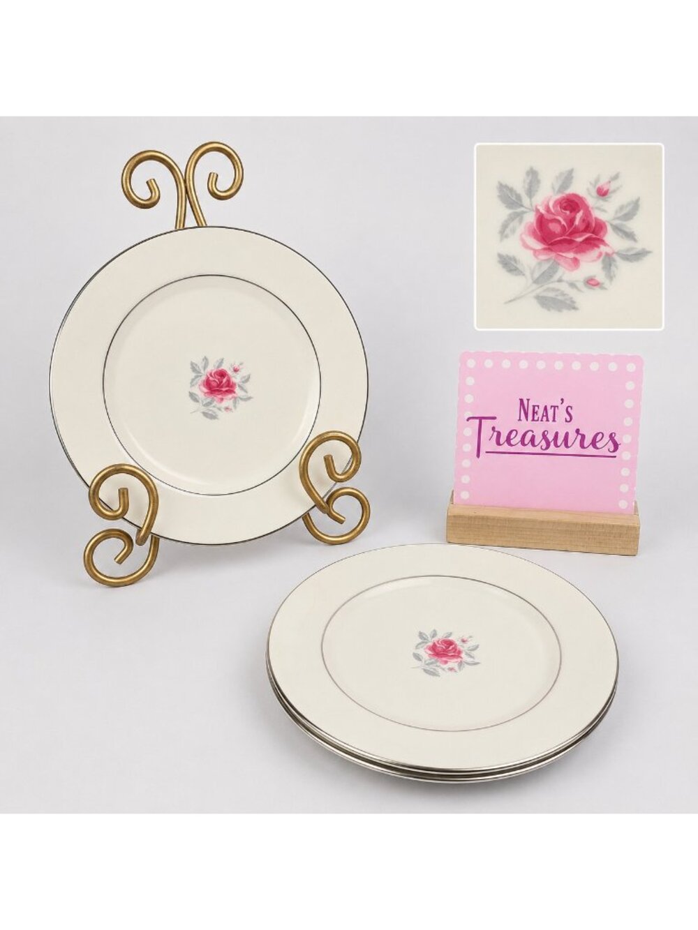 Flintridge China DELROSE Pink Rose Gray Leaves Platinum Trim Bread Plates Set 3